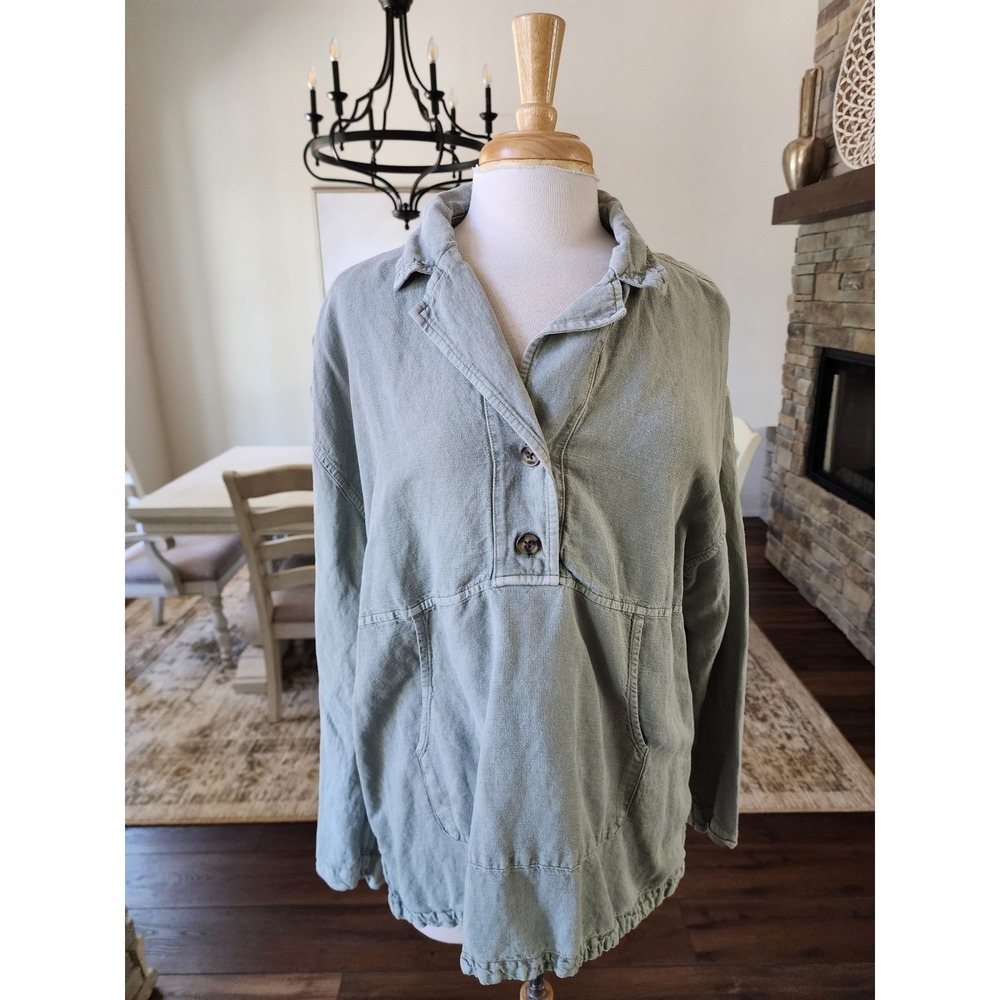 Nicole Miller NY Sage Green Linen Blend Pullover Top XL Anorak Kangaroo Pocket